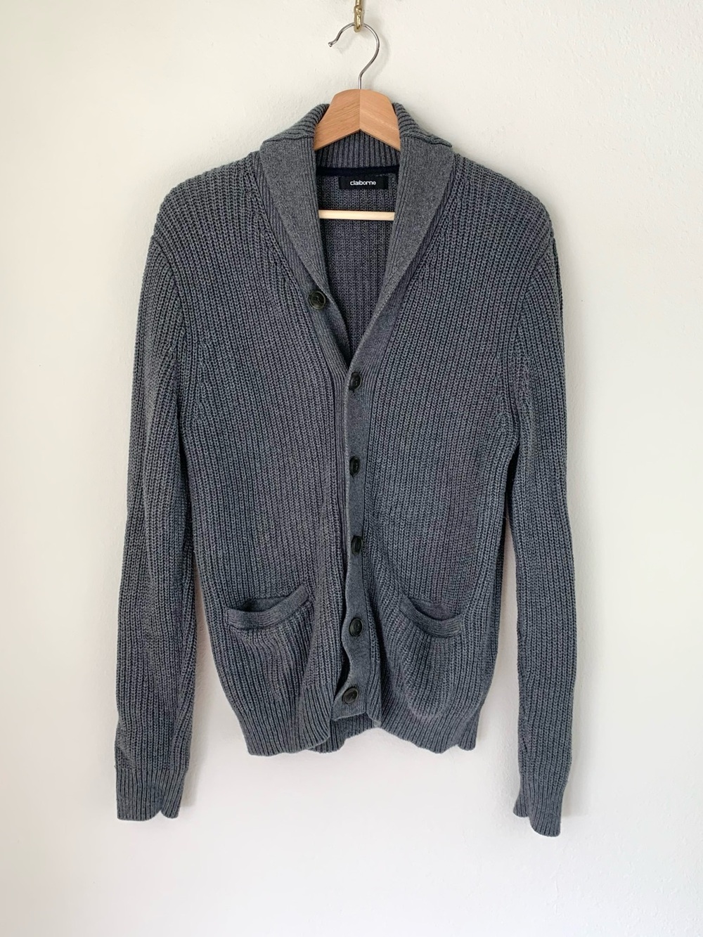 Claiborne Men's Gray Shawl Collar Button-Up Sweater Chunky Knit